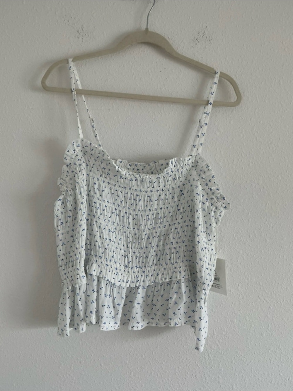 Free Assembly White Smocked Floral-Print Spaghetti Strap Top